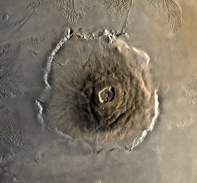 A composite Viking orbiter image of Olympus Mons on Mars, the tallest known volcano and mountain in the Solar System by Viking 1. Public domain NASA.